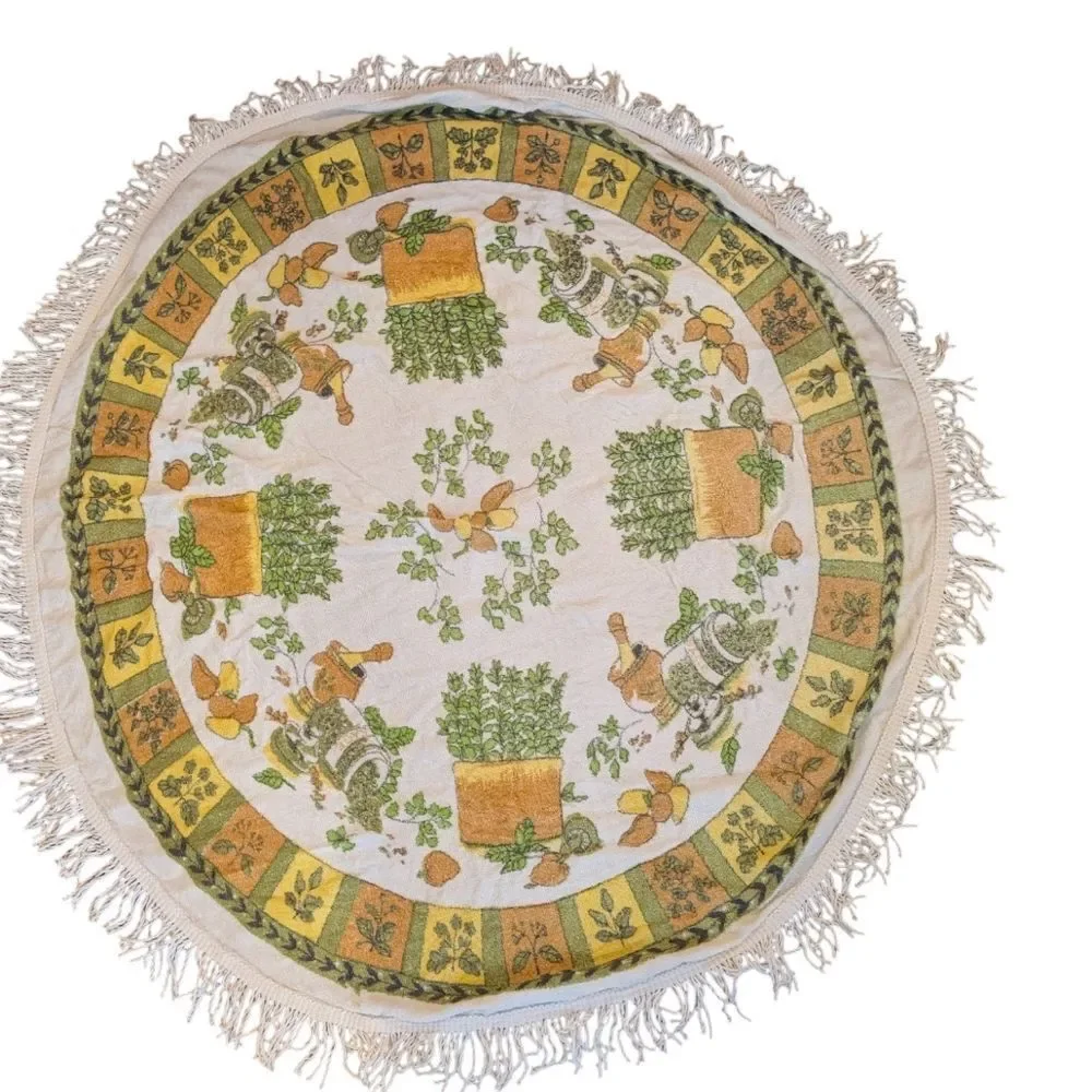 vintage 70s Terry cloth round‎ tablecloth herbs mushroom tablecloth boho